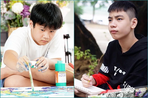 Họa sĩ nhí Trần Nam Long (bên phải) và Xèo Chu.
